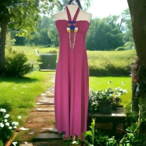 Vtg Y2K Beaded Halter Dress Maxi Sundress Small Pink Bohemian Beachy Gypsy Sexy